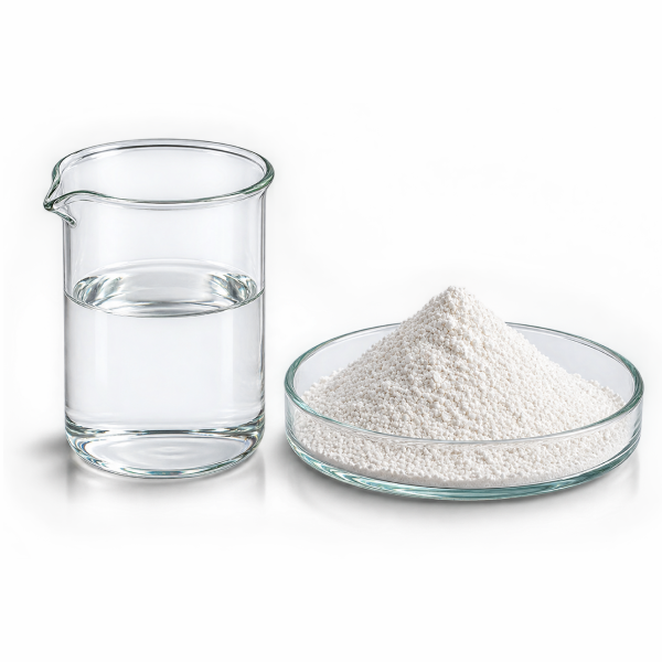 Clear laboratory beaker and powdered ingredient used for custom pouch formulation