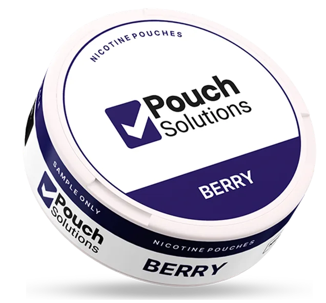 Custom Pouch Solutions berry nicotine pouch can showing packaging and label options