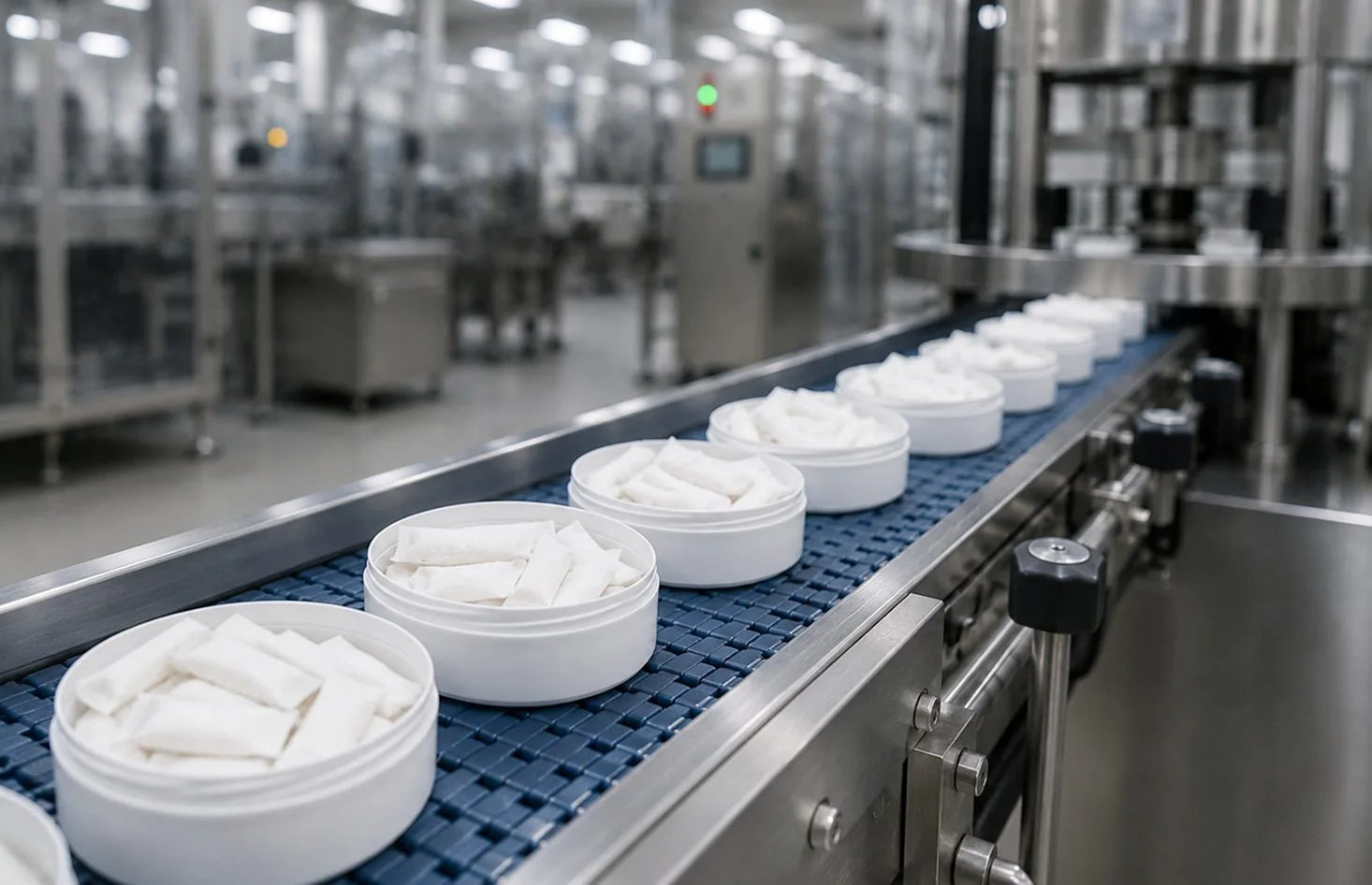 Pouch manufacturing line with filled cans moving through production